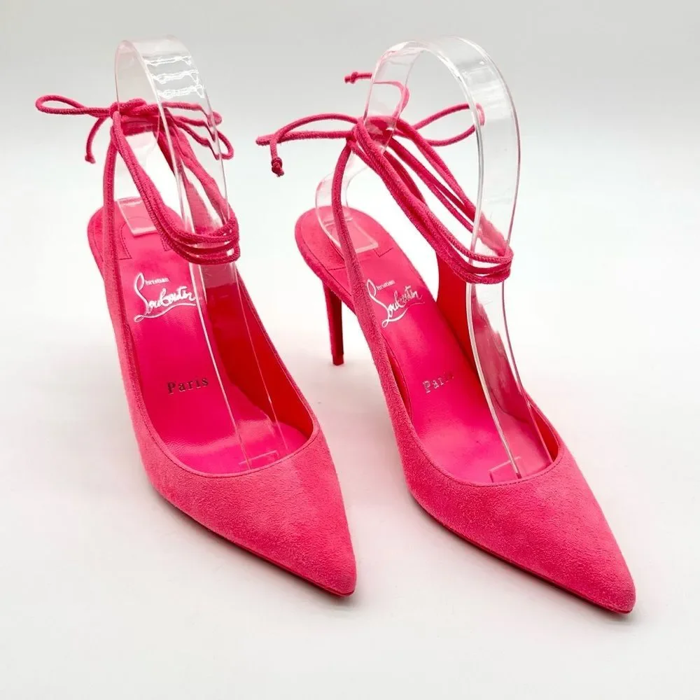Christian Louboutin Lace Up Kate 85 Pink Suede Stiletto Pumps Heels EU 37 US 7